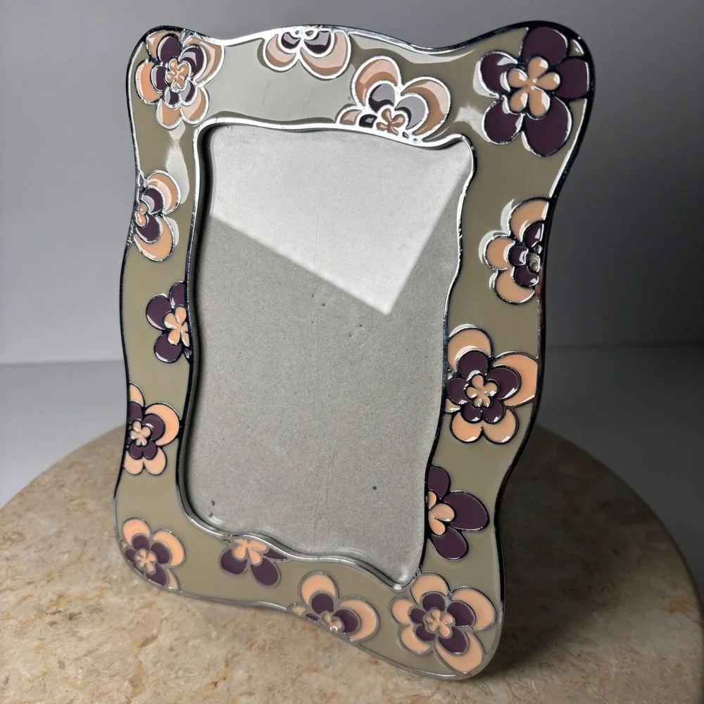 Retro Floral Enamel Photo Frame 8x6 Taupe Purple Wavy Metal Art Nouveau‎